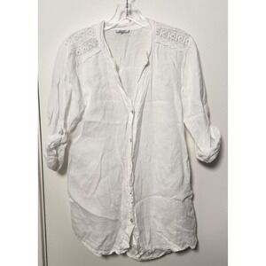 Rosemarine Italy White 100% Linen‎ V-Neck Button Down Shirt Tunic Cover Up Sz M